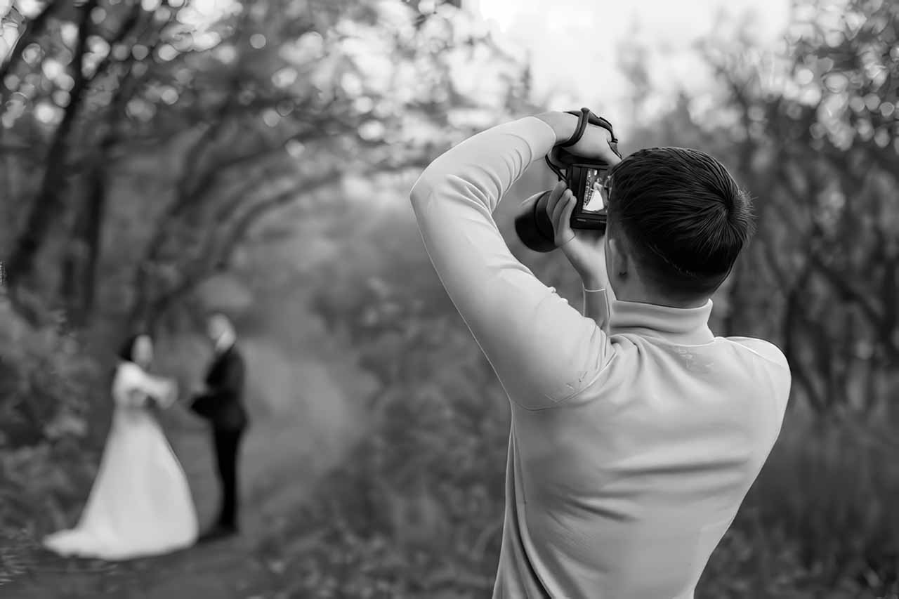 Bryllupsfotografen i Fuld gang med og dokumentere brudeparrets bryllupsdag